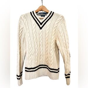 Ralph Lauren Vintage HANDKNIT POLO 100% wool sweater in cream with elbow patches